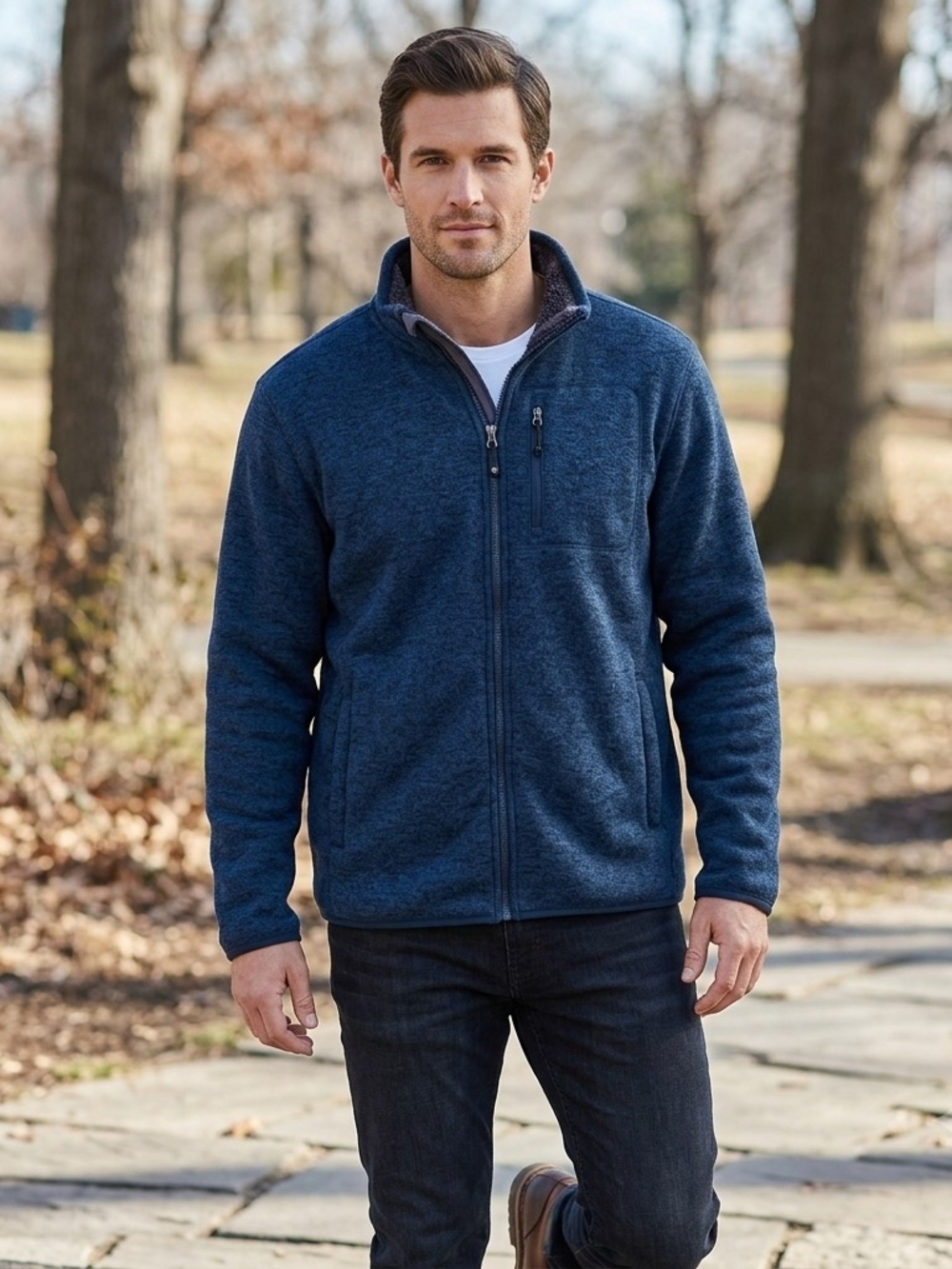 32 Degrees Heat Sherpa-Lined Full-Zip Fleece Jacket in Heather Navy – Men's XL